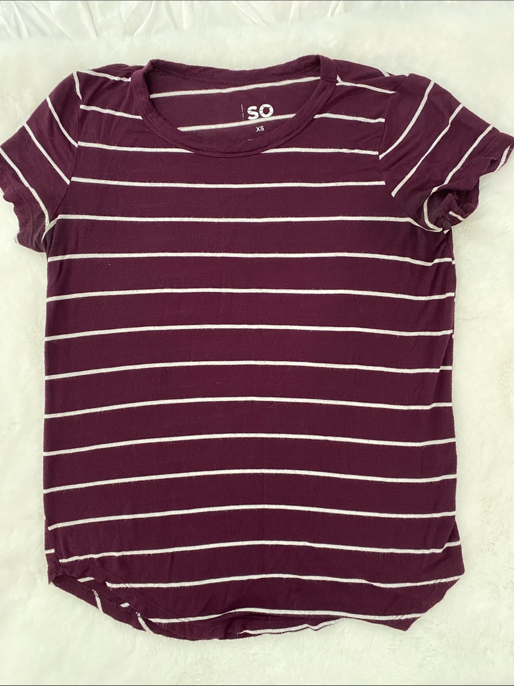 SO Burgundy and White Horizontal Stripe Crew Tee. XS